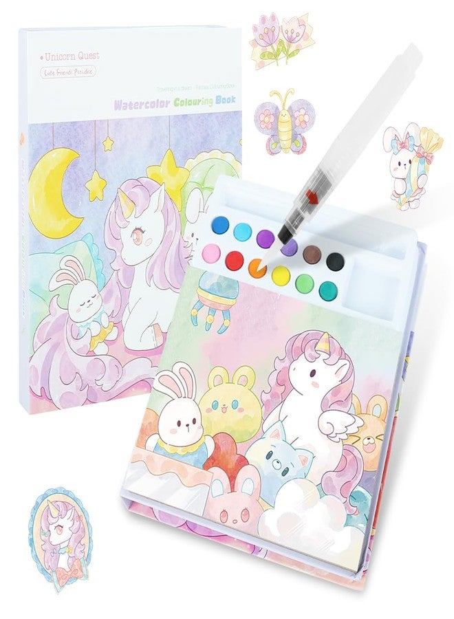 PATPAT® Cartoon Watercolor Coloring Book, Includes 18 Dreamy Cartoon Unicorn Castle Scenes Themes & 24Pcs Coloring Punched Bookmarks, 12-Color Water-Based Pigments, Brush Pen, Painting Instructions - Image 1
